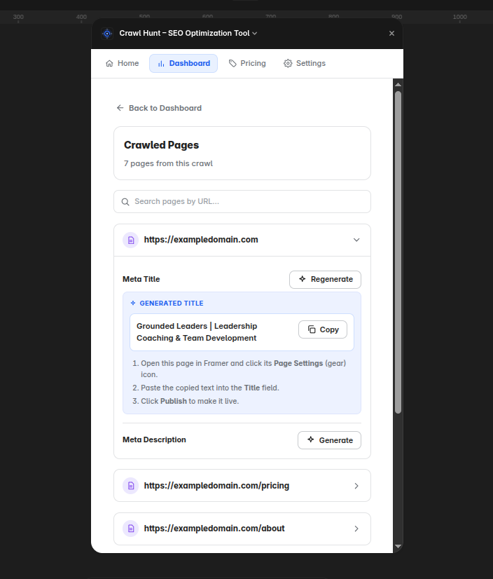 CrawlHunt Framer plugin copy-and-paste apply steps