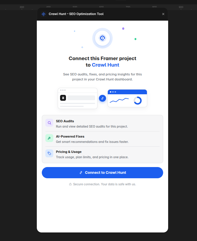 CrawlHunt Framer plugin Connect to Crawl Hunt screen