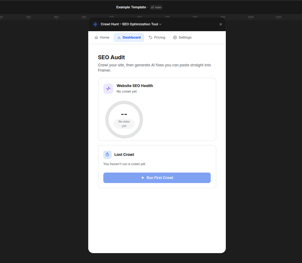 CrawlHunt Framer plugin Dashboard after a completed scan