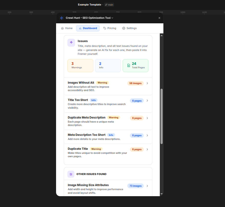 CrawlHunt Framer plugin issue detail with a generated fix