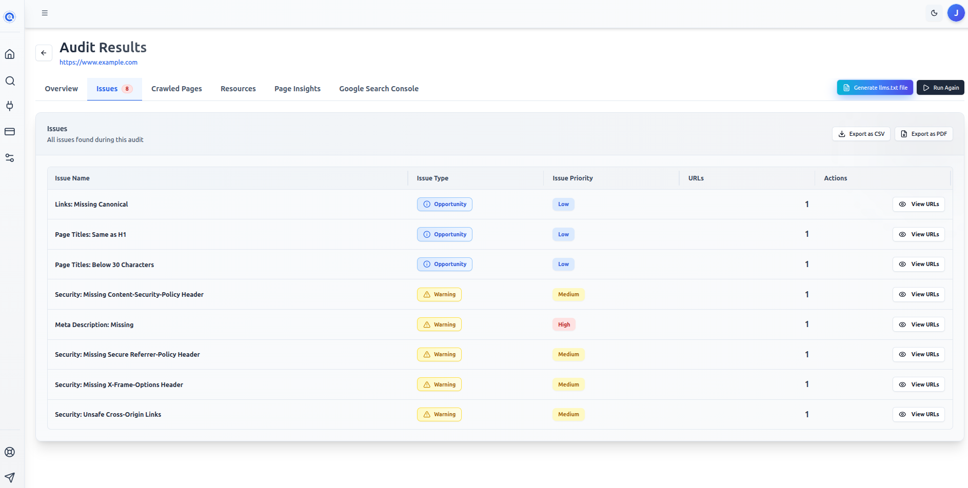 The Issues tab showing the filter bar, issue rows with severity badges, and AI Fix buttons