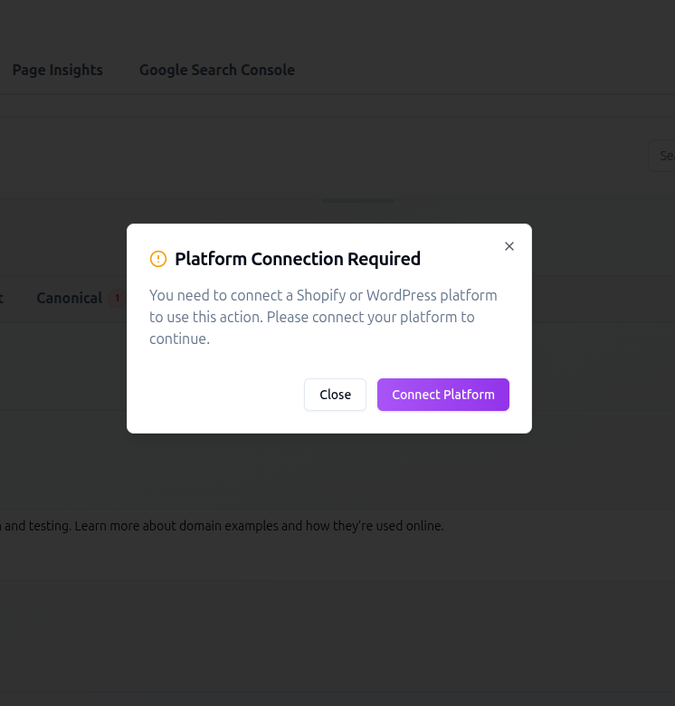 The Platform Connection Required modal with the amber warning icon and Connect Platform button