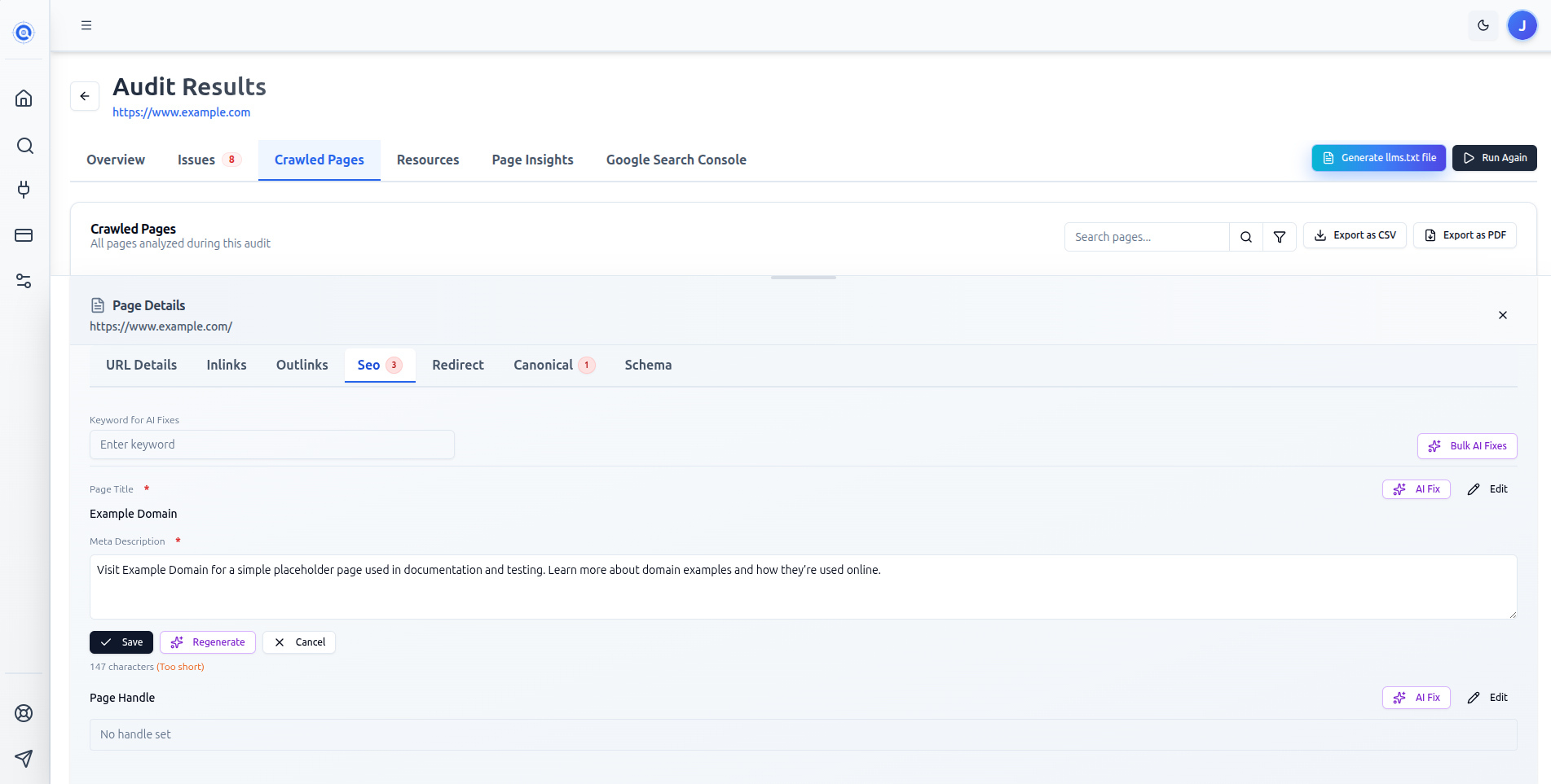 An expanded issue row showing the AI Fix panel with original vs suggested text and Accept / Dismiss buttons