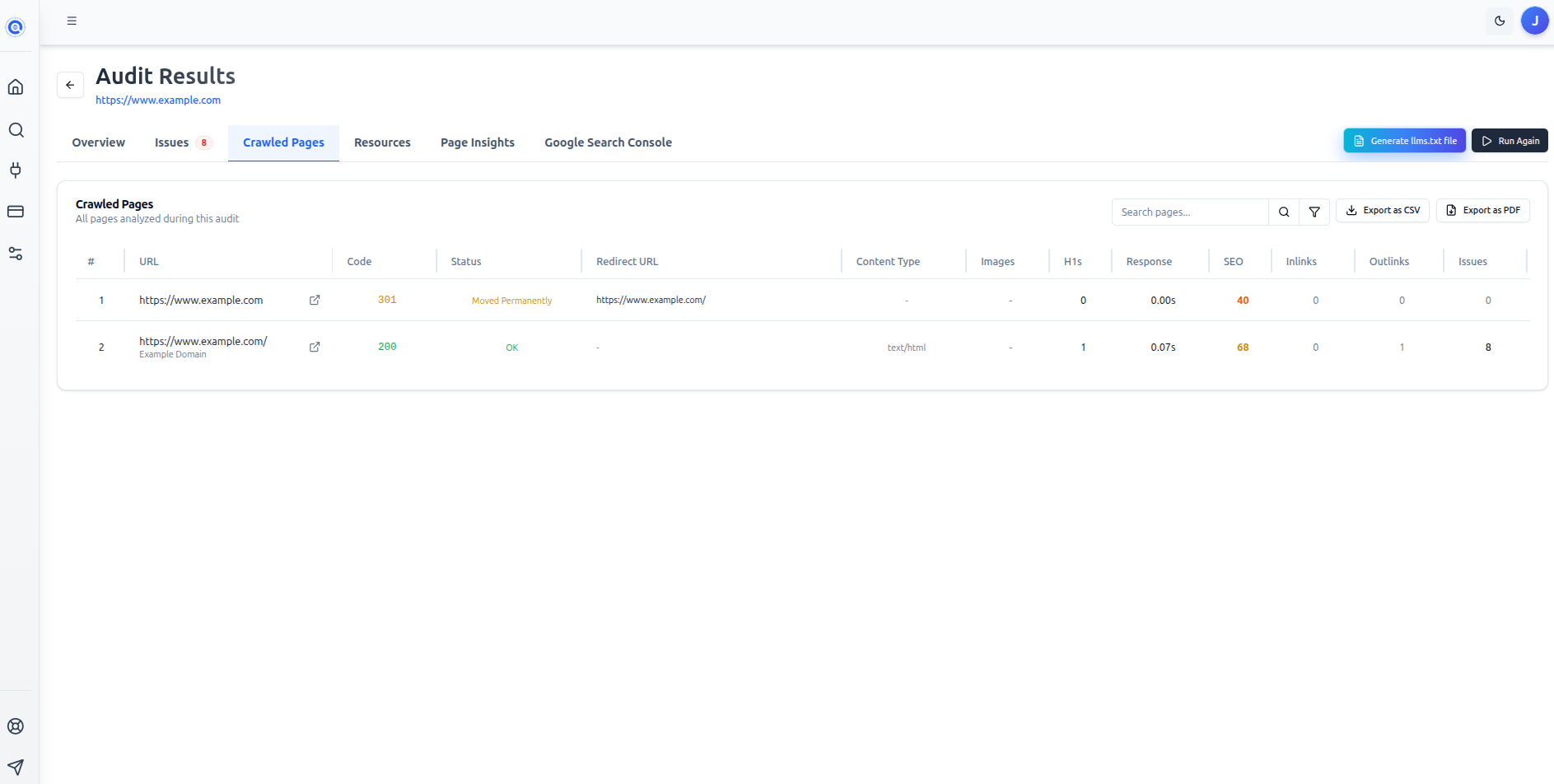 The full Crawled Pages tab showing all table columns and the Search, Export, and Filter controls