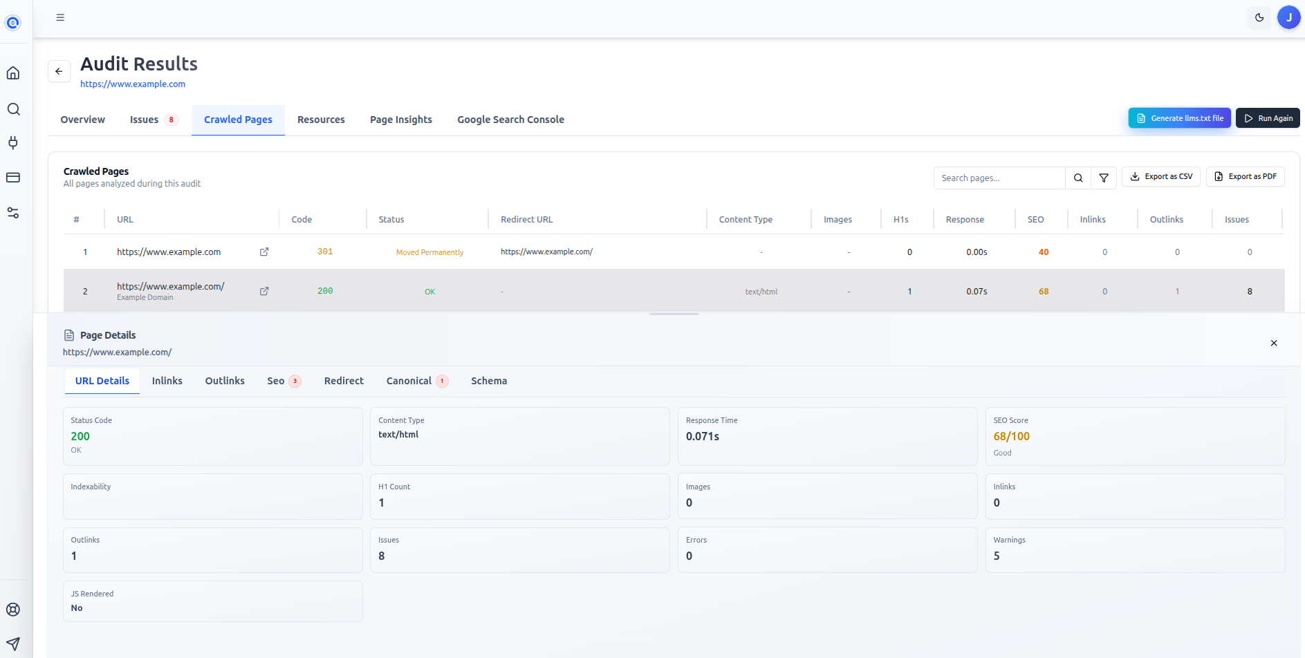 The Page Details panel showing the URL Details tab with all metric cards and the full tab bar