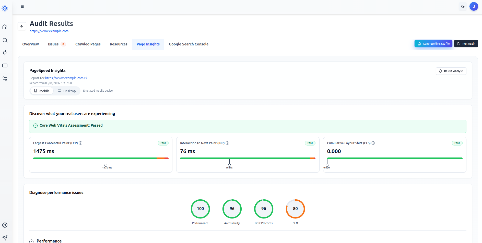 The Page Insights tab showing the URL selector, mobile/desktop toggle, Lighthouse score circles, and Core Web Vitals cards