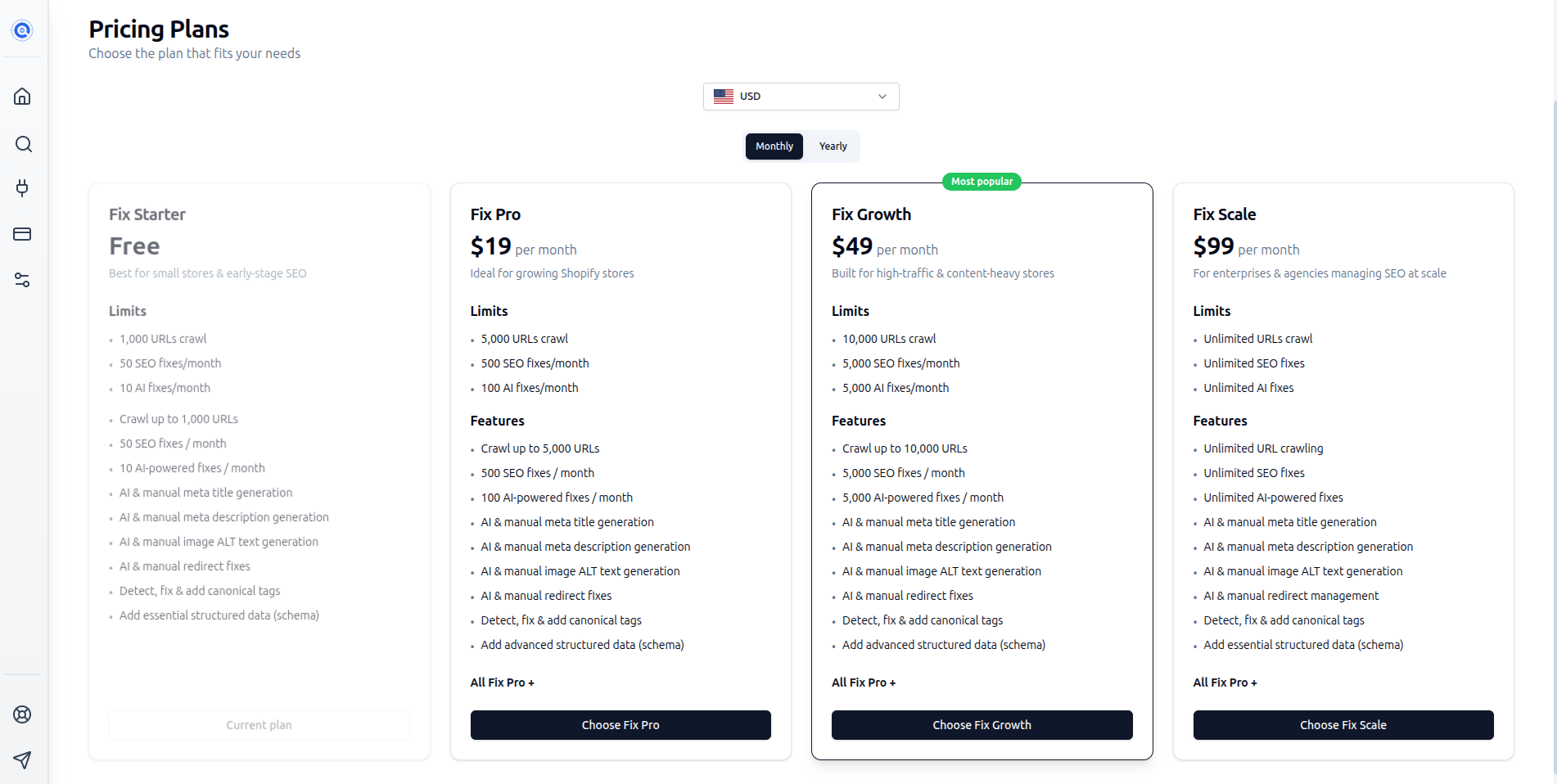 The Pricing page showing the four plan cards with monthly prices and the Pro plan highlighted as Most Popular