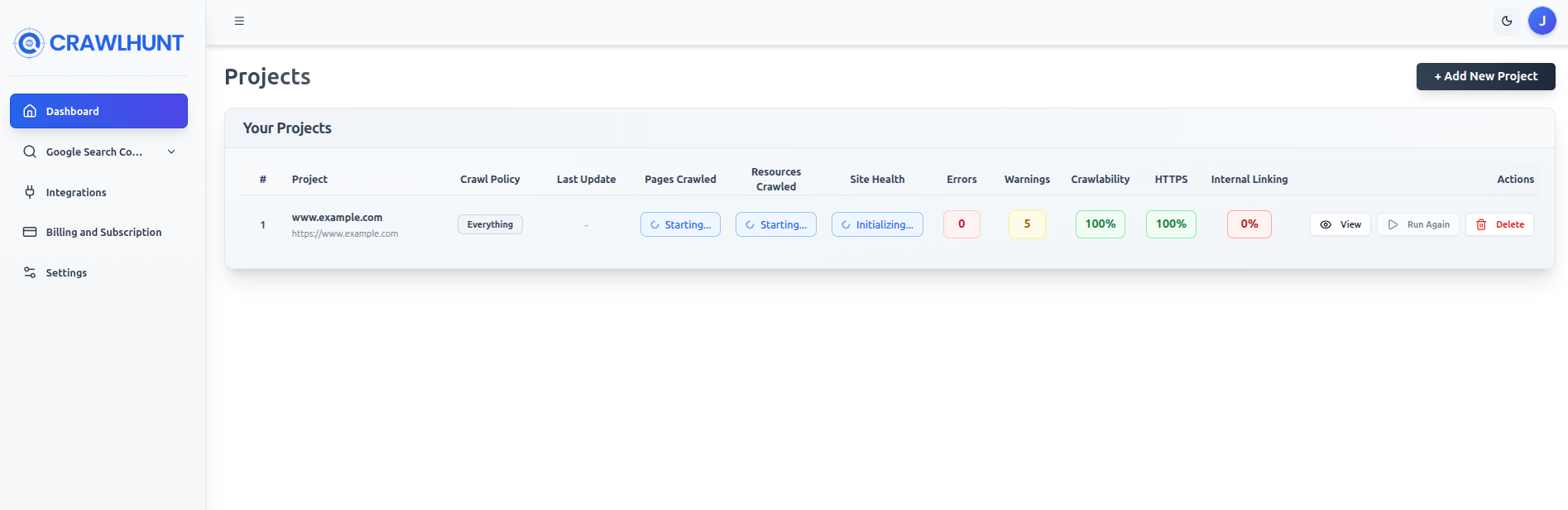 The Dashboard projects table with all column headers visible