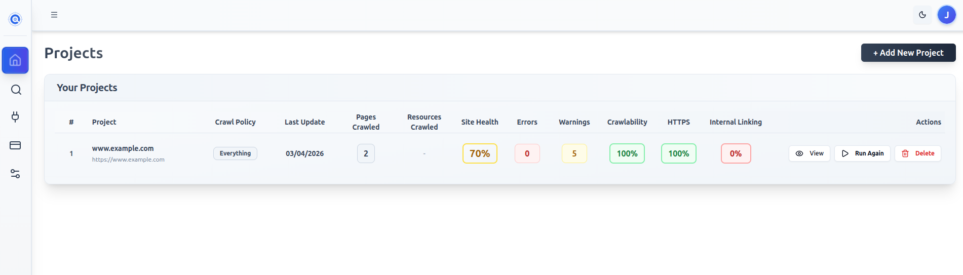 A project row with the Actions column showing the View, Run Again, and Delete buttons when idle