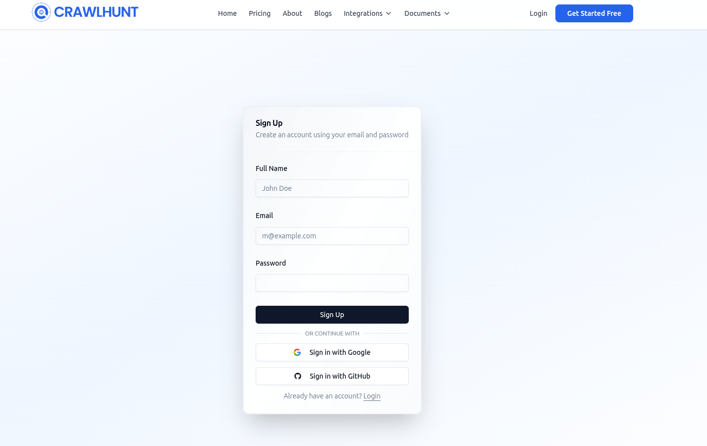 The signup page showing the email and password form alongside the Continue with Google button
