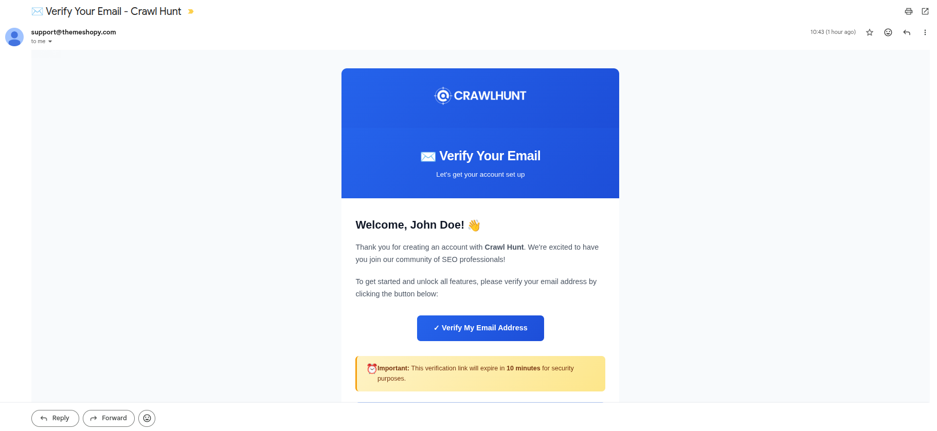 The verification email showing the CrawlHunt logo and the blue Verify my email button