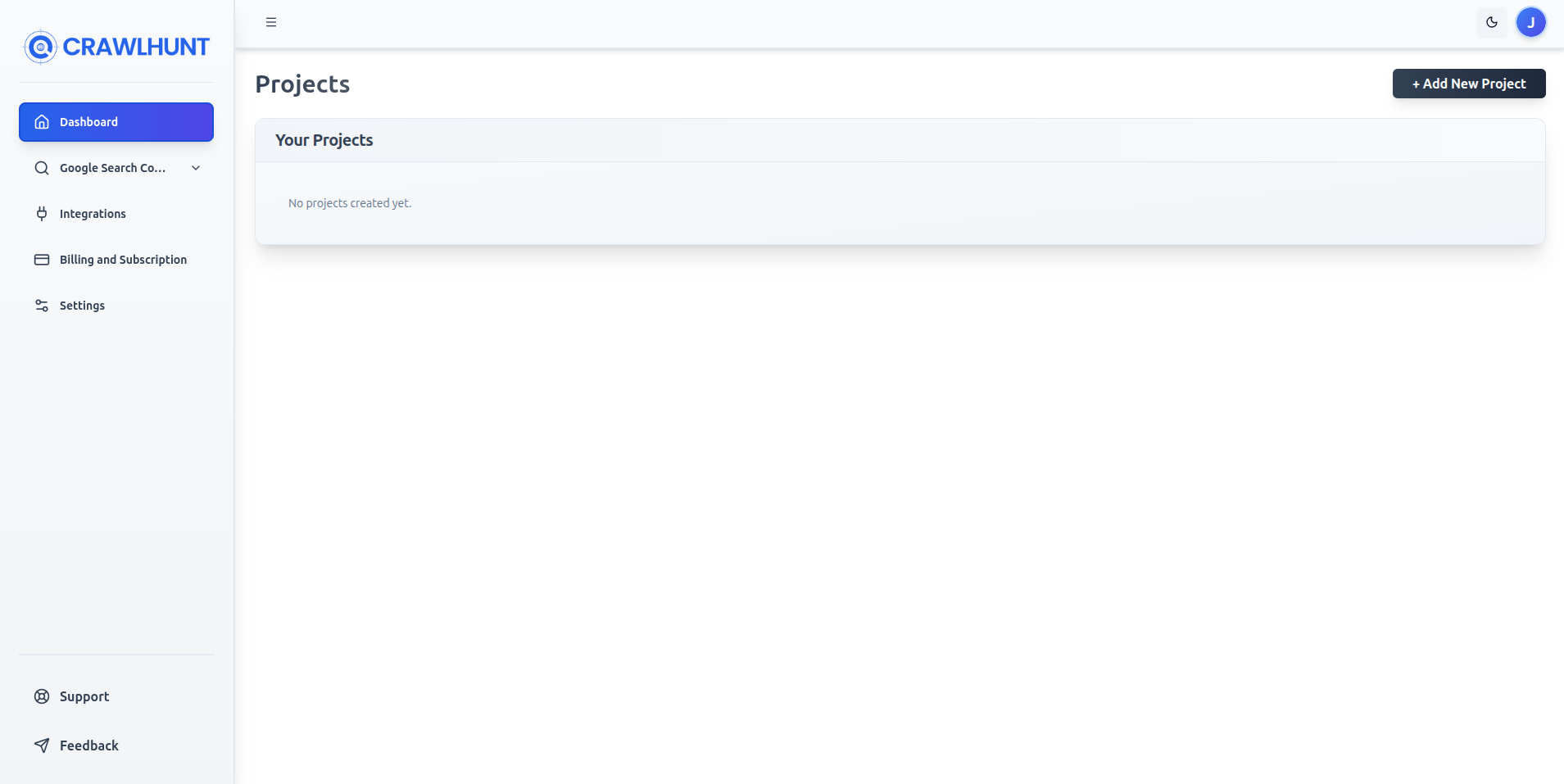 The Dashboard immediately after first login showing the empty-state card that prompts you to add your first project
