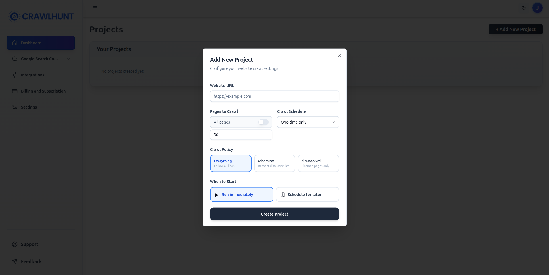 The Dashboard with the Add New Project button highlighted in the top-right corner