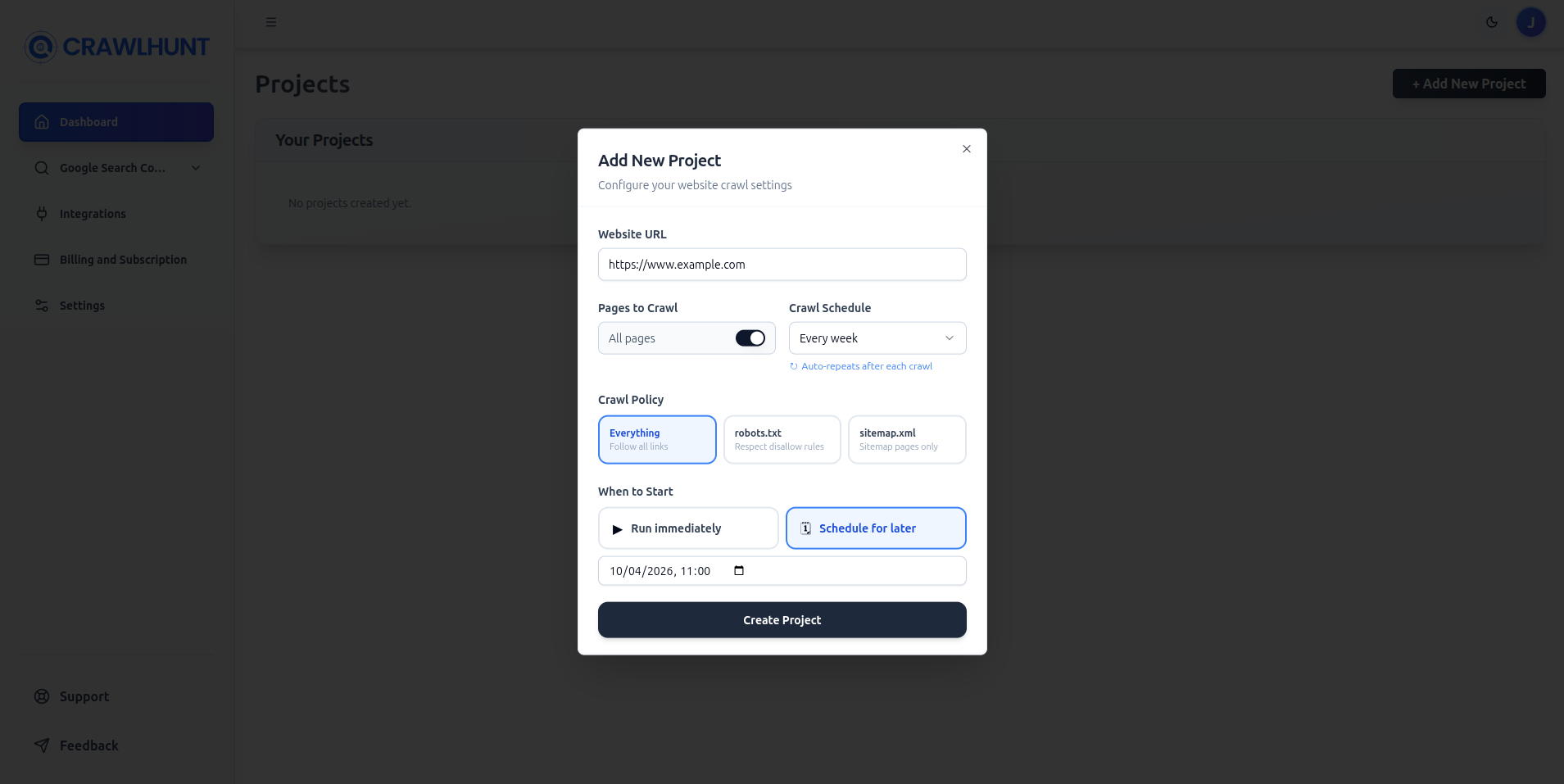The Add New Project modal with all fields filled in including URL, crawl depth, policy, interval, and Run now selected