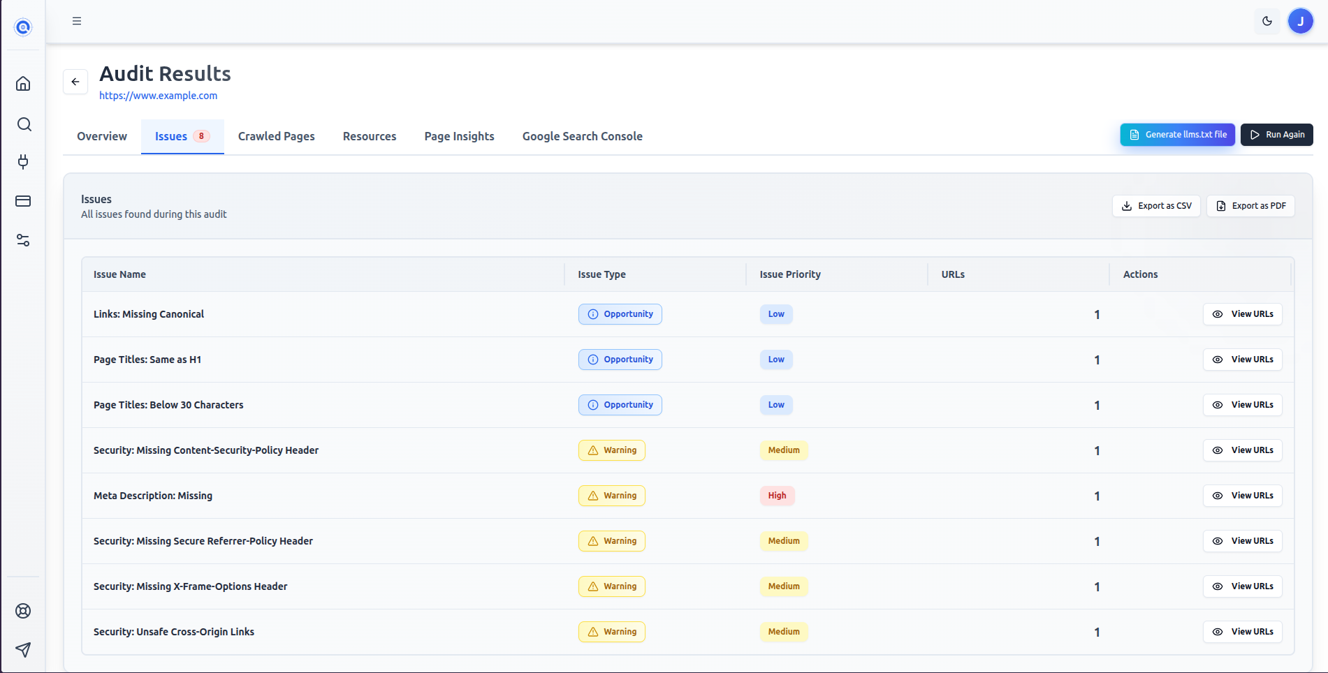 The audit result tabs with the Issues tab active showing Critical and Warning issue rows