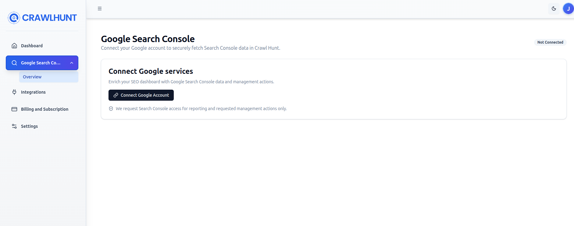 The Google Search Console section in unconnected state with the Connect Google Account button