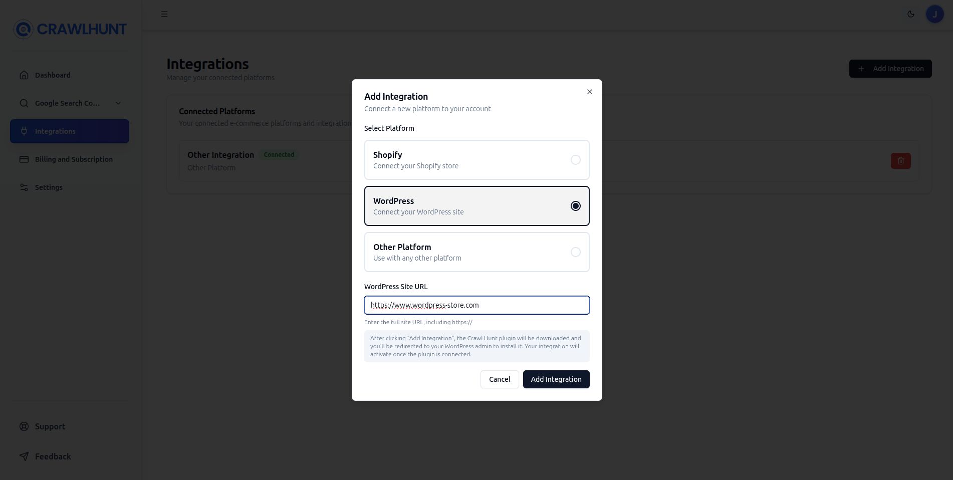 The Add Integration modal in CrawlHunt with WordPress selected and the site URL field filled in