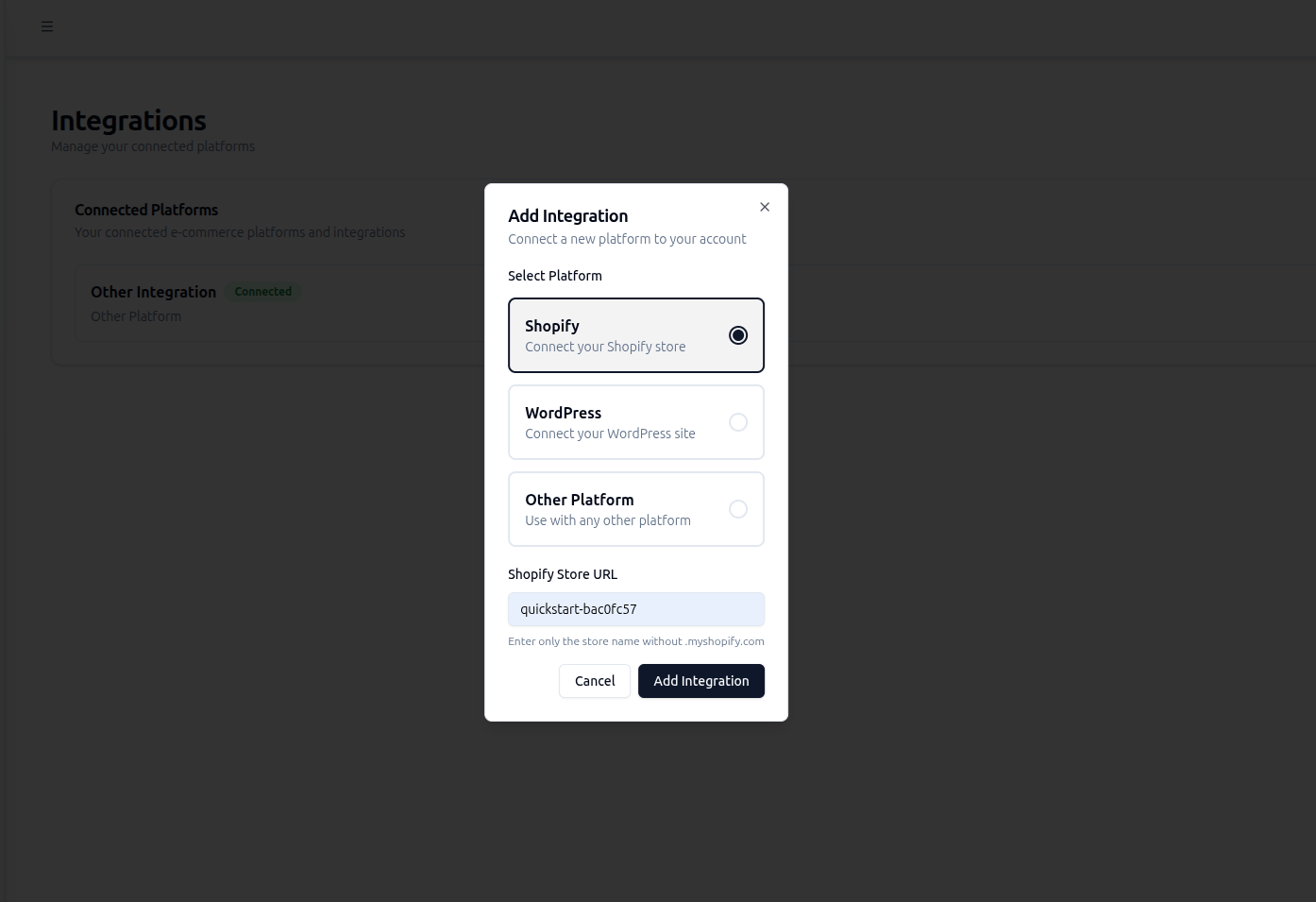 The Add Integration modal in CrawlHunt with Shopify selected and the store name field filled in