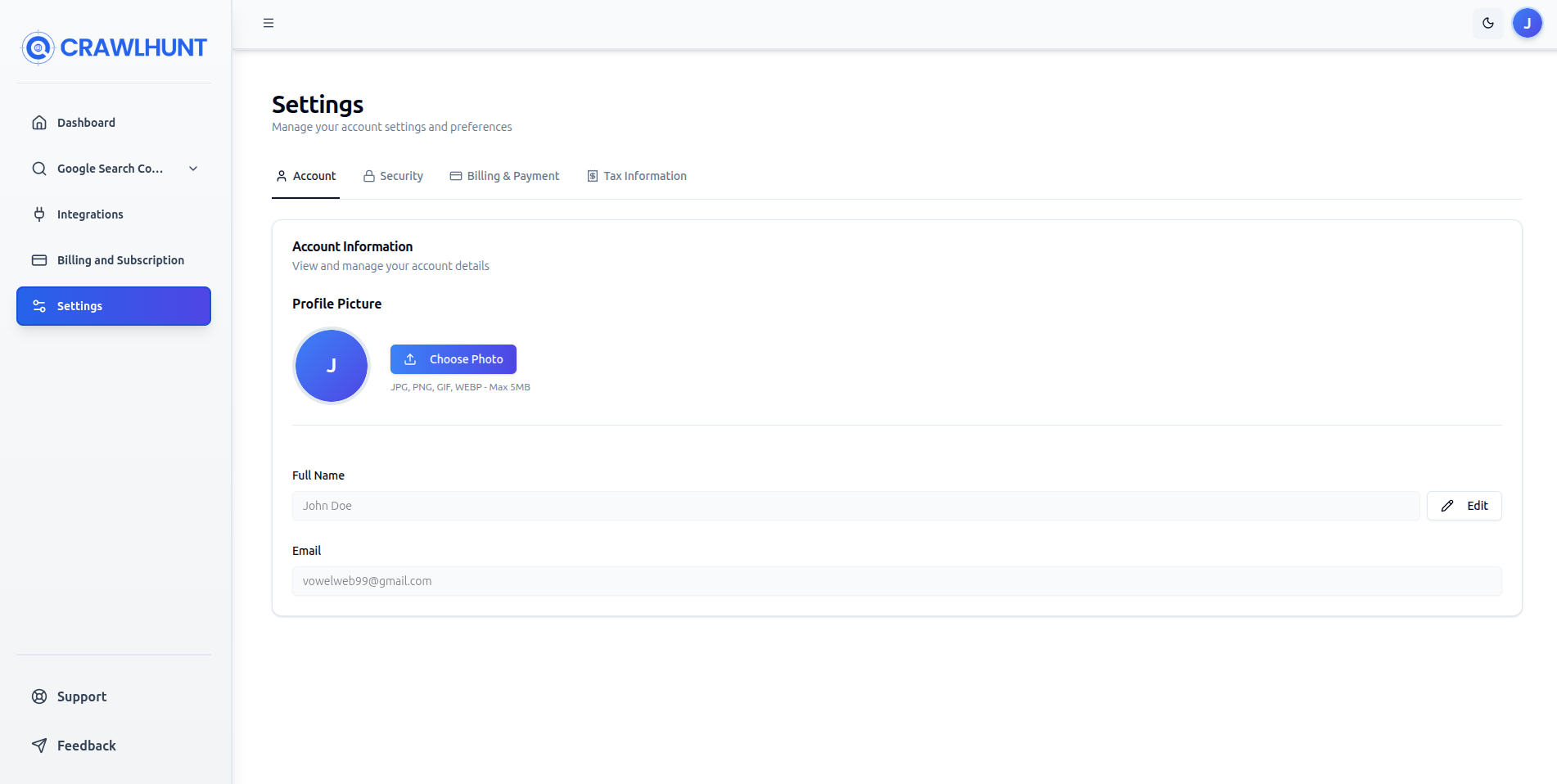 The Account Settings page showing the profile picture upload, Display Name, Email fields, and Change Password section