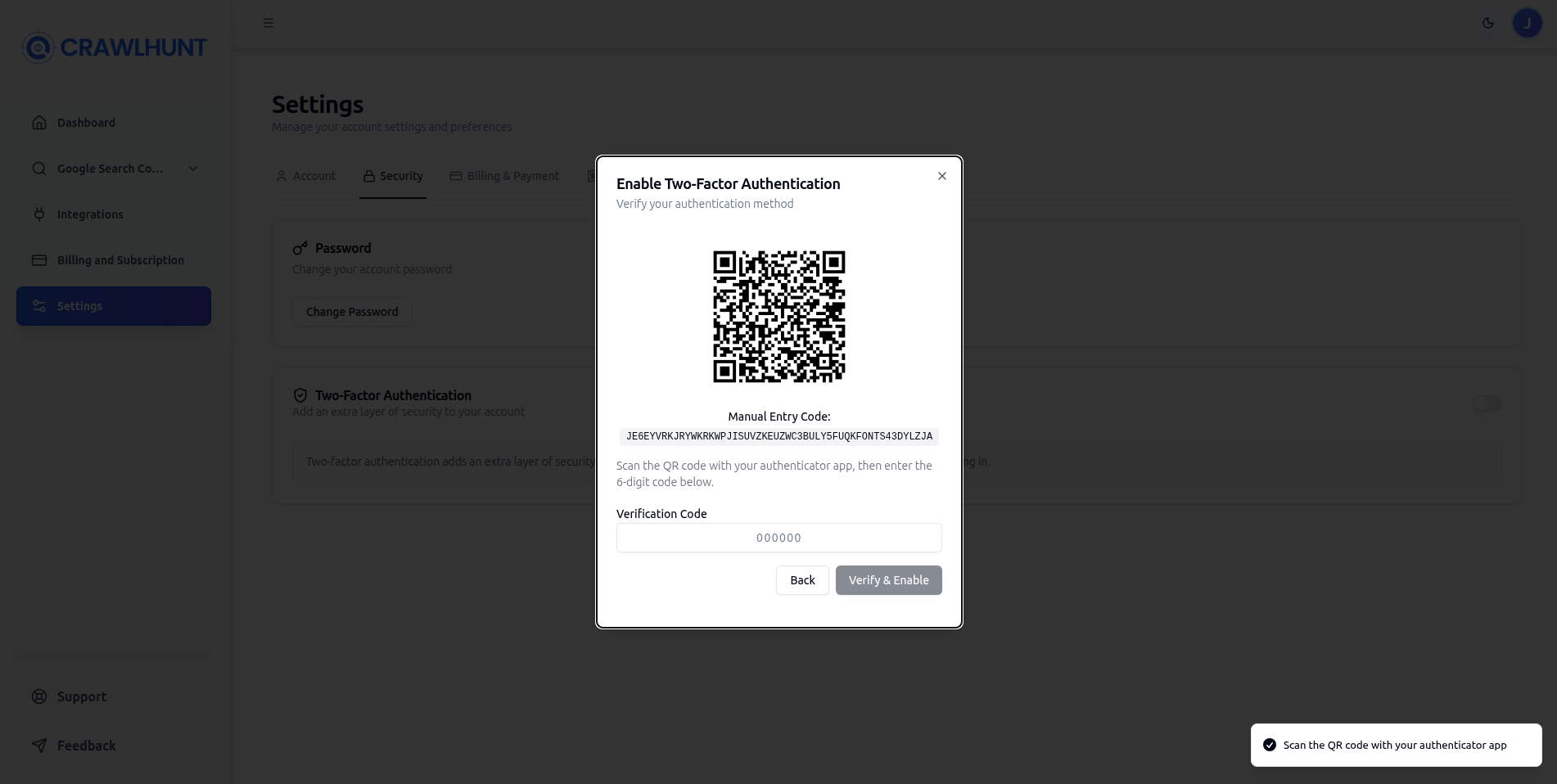 The Security Settings page showing the 2FA setup panel with QR code and verification code input