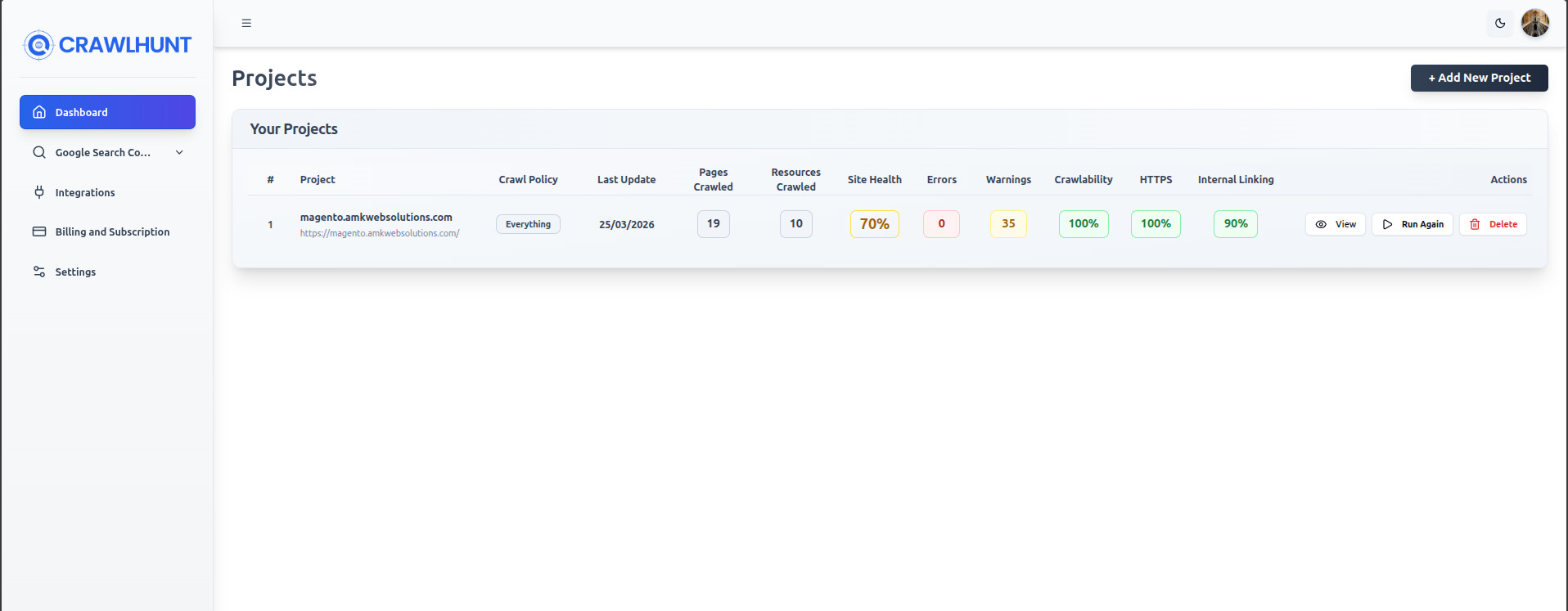 CrawlHunt Projects dashboard showing Magento store crawl metrics
