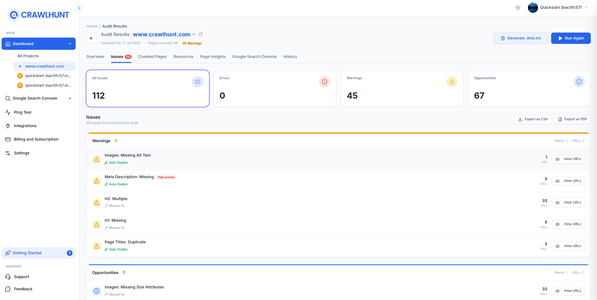 CrawlHunt audit results dashboard